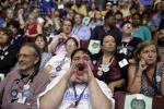 Supporter for former Democratic Presidential candidate, Sen. Bernie Sanders, I-Vt., John Stanley from DeForest Wis., reacts during the first day of the Democratic National Convention in Philadelphia , Monday, July 25, 2016. (AP Photo/John Locher)